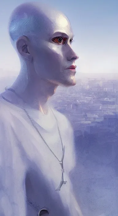 Image similar to full length portrait of a catholic robot machine monk with piercing blue eyes, on stage, dramatic light, gorgeous view, depth, high detail, digital art, painted by greg rutkowski and vogue, trending on artstation