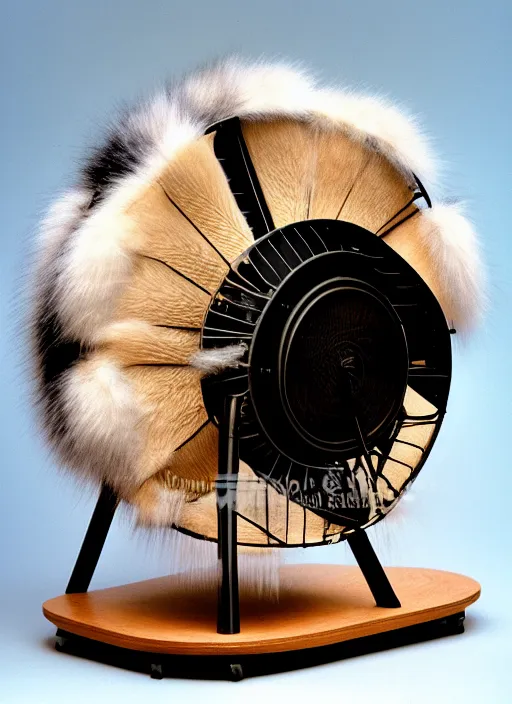 Prompt: realistic photo of a a medieval ritual chemistry appliance model fan, made of wood white clay and fur with black wires 1 9 9 0, life magazine reportage photo, natural colors, metropolitan museum collection