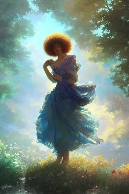 Image similar to bob ross, dreamy and ethereal,, fantasy, intricate, elegant, rainbow bubbles, highly detailed, digital painting, artstation, concept art, smooth, sharp focus, illustration, art by artgerm and greg rutkowski and alphonse mucha