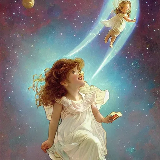 Image similar to a cute little girl with a round cherubic face, blue eyes, and short curly light brown hair smiles as she floats in space with stars all around her. She is wearing a turquoise dress. Beautiful painting by Artgerm and Greg Rutkowski and Alphonse Mucha