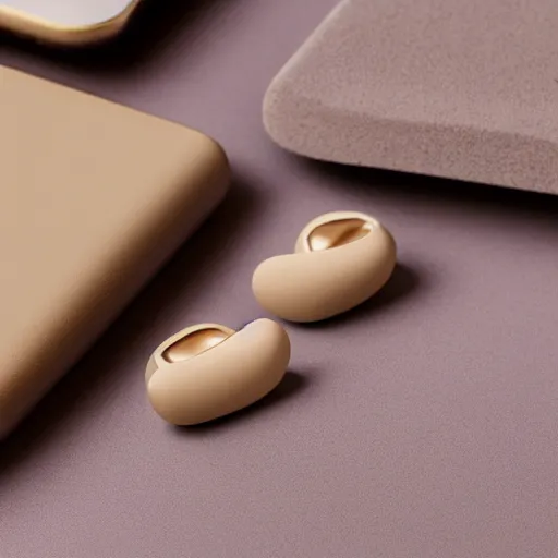 Prompt: beige teardrop-shaped truly wireless earbuds with gold accents, studio, product photo