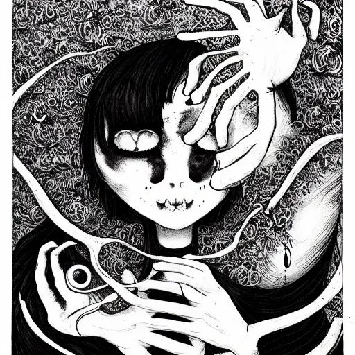 Image similar to black and white illustration creative design, cat, junji ito, body horror