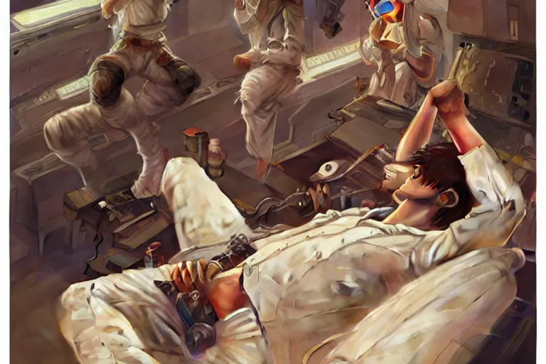Image similar to Sensual good looking pale young Indian doctors wearing jeans partying in a space station above Earth performing surgery, portrait, elegant, intricate, digital painting, artstation, concept art, smooth, sharp focus, illustration, art by artgerm and greg rutkowski and alphonse mucha