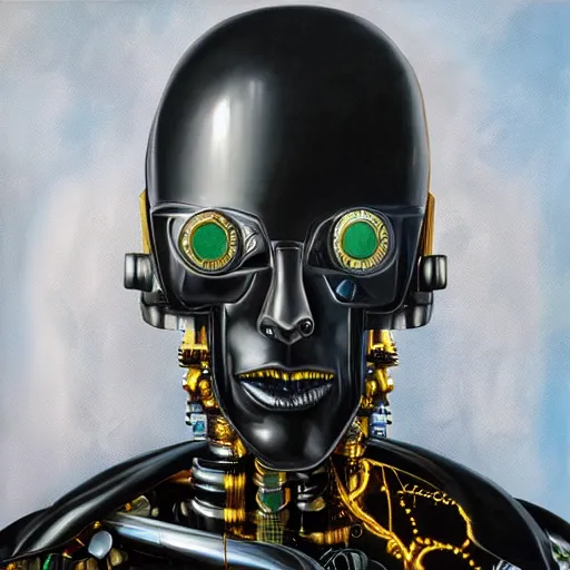 Image similar to a realistic oil painting of a black man as a cybernetic cyborg, surrealism portrait, surrealism album cover