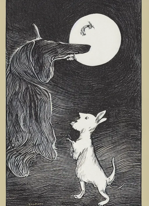 Image similar to jack russel dog silhouette howling at night, illustrated by peggy fortnum and beatrix potter and sir john tenniel