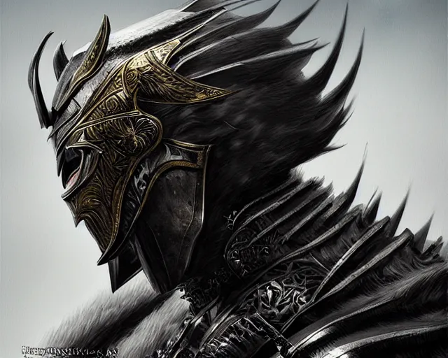 Image similar to hyper - realistic side view painting of the king of the mountain, angry, black armor, sword, dramatic lighting, intricate, wild, highly detailed, digital painting, artstation, concept art, smooth, sharp focus, illustration