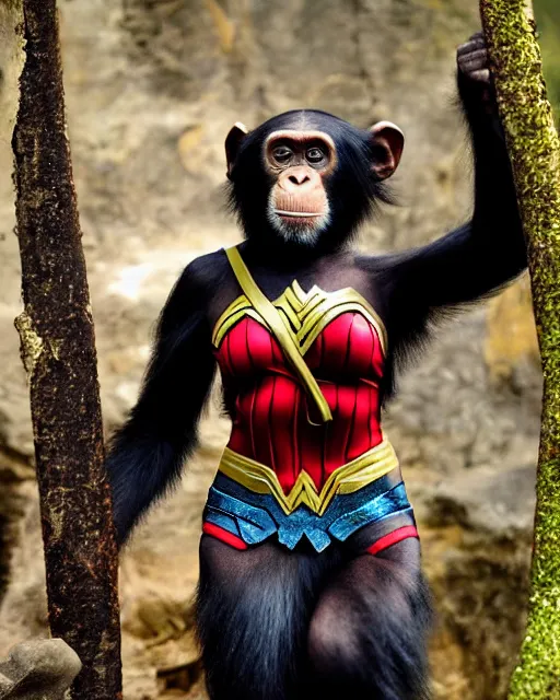 Image similar to A chimpanzee wearing a Wonder Woman outfit, photographed in the style of National Geographic, hyperreal