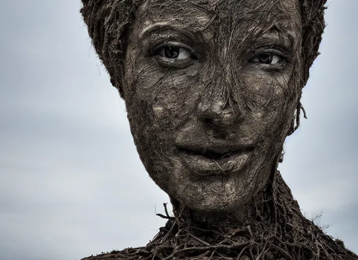 Image similar to dslr esculpture made from roots interwovem in the shape of a woman, 2 4 mm f 1. 8