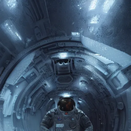 Image similar to concept art by craig mullins astronaut in futuristic dark and empty spaceship underwater. infrared complex and hyperdetailed technical suit. mandelbulb fractal. reflection and dispersion materials. rays and dispersion of light. volumetric light. 5 0 mm, f / 3 2. noise film photo. flash photography. unreal engine 4, octane render. interstellar movie art