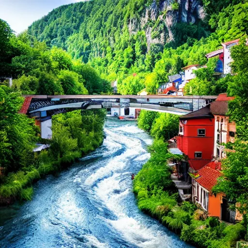 Prompt: a river flowing through a futuristic eastern european village, summer photo