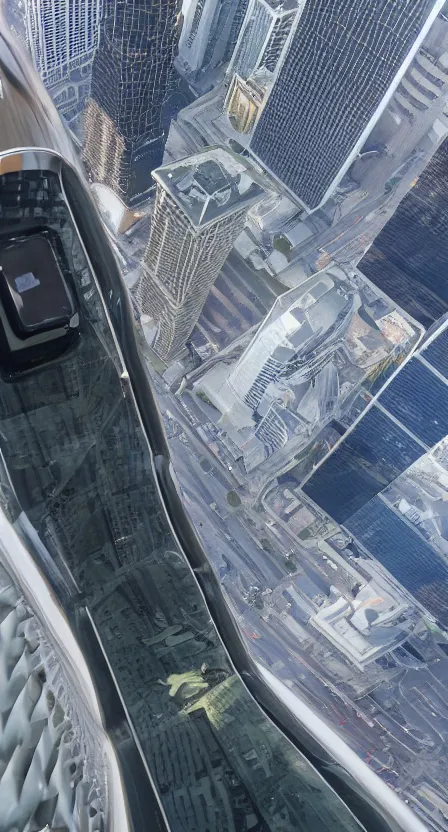 Prompt: a first person view in one of the tallest skyscraper, looking down at the bottom of the skyscraper