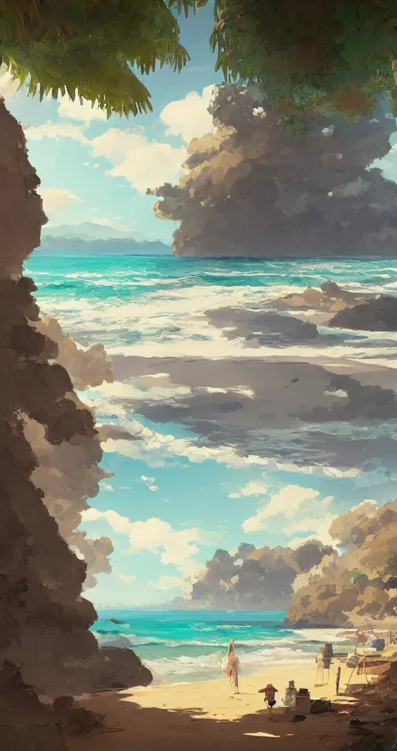 Image similar to A long and winding beach, tropical, bright, simple, by Studio Ghibli and Greg Rutkowski, artstation