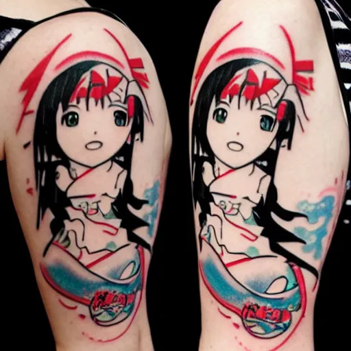 Image similar to Shoujo ai manga style japanese ninja schoolgirl by Hayao Miyazaki, studio ghibli, sakura festival, tattoo on upper arm