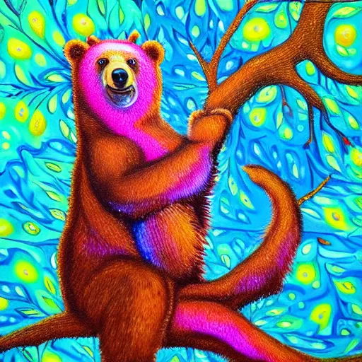 Image similar to a painting of a bear in a tree, an airbrush painting by lisa frank, trending on deviantart, psychedelic art, detailed painting, airbrush art, acrylic art