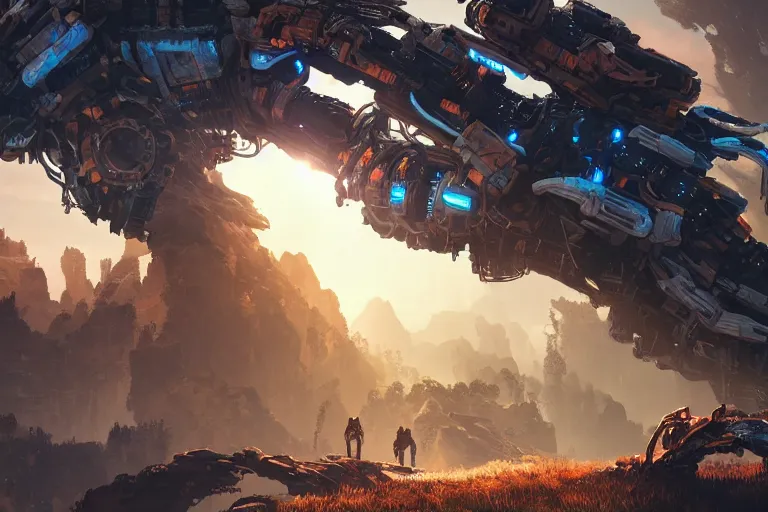 Image similar to snapmaw machine mecanical creature robot of horizon forbidden west horizon zero dawn radiating a glowing aura global illumination ray tracing hdr fanart arstation by ian pesty and alena aenami artworks in 4 k