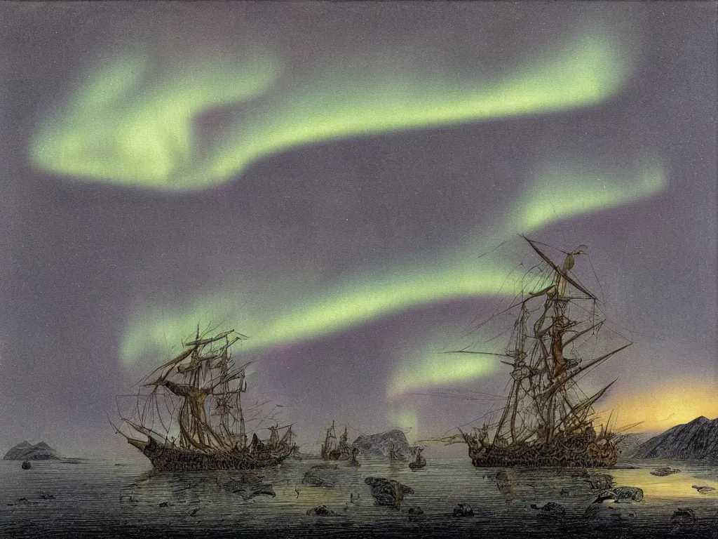 Prompt: Viking ship in the sea next to the fjords with northern lights above them in the art style of Theodor Kittelsen