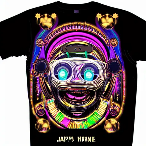 Image similar to mockup of a black tshirt with a hyperdetailed portrait of a happy steampunk robot on lsd, 8 k, symetrical, flourescent colors, happy trippy mood, multicolored,