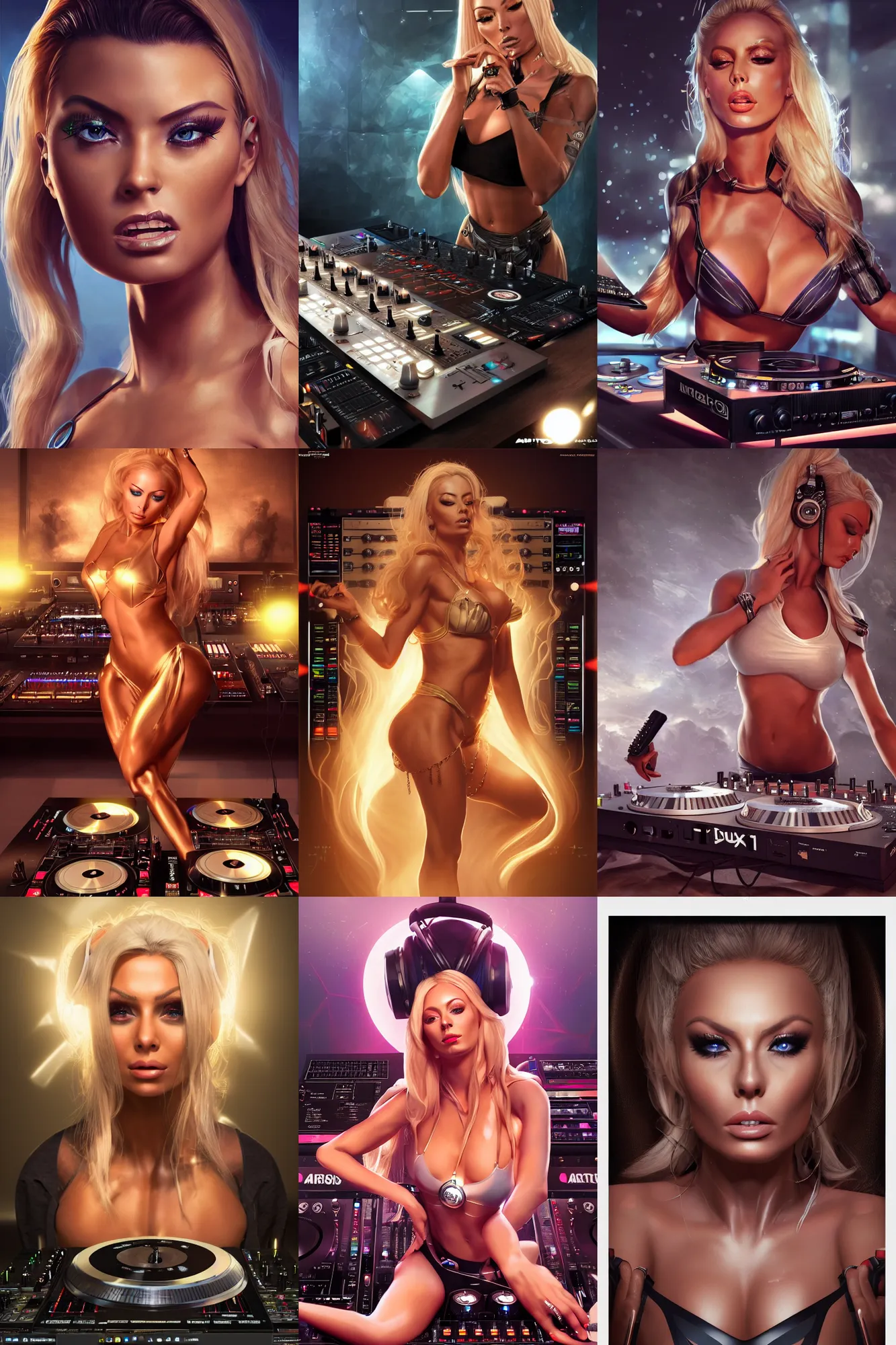 Image similar to a centered photo of the most complicated and technical dj equipment being played by isabelledeltore, powerful, cinematic, beautifully lit, by artgerm, by karol bak, 3 d, perfect face and body, trending on artstation, octane render, 8 k