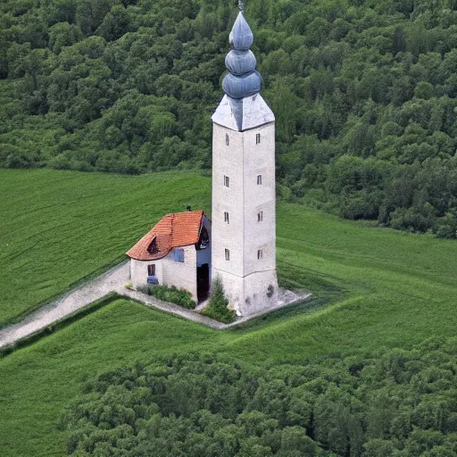 Prompt: Belltower of Burg Güssing in Südburgenland. Aerial photograph of landart installation by Christo Vladimirov Javacheff.