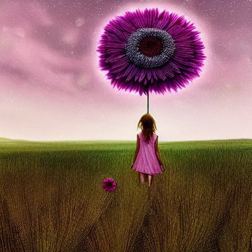 Image similar to giant pink daisy flower head, girl walking in wheat field, hills, surreal photography, dark night, star trails, dramatic light, impressionist painting, clouds, digital painting, artstation, simon stalenhag