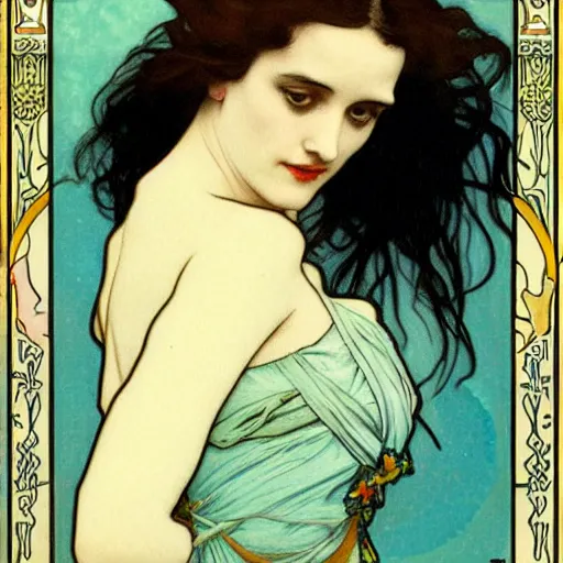 Image similar to eva green portrait by louis - theophile hingre and alphonse mucha, realistic, sharp focus, zodiac signs, tarot cards, planets, ethereal, art nouveau, magic, moon, sun, crown, dreamy, royal, jewellery