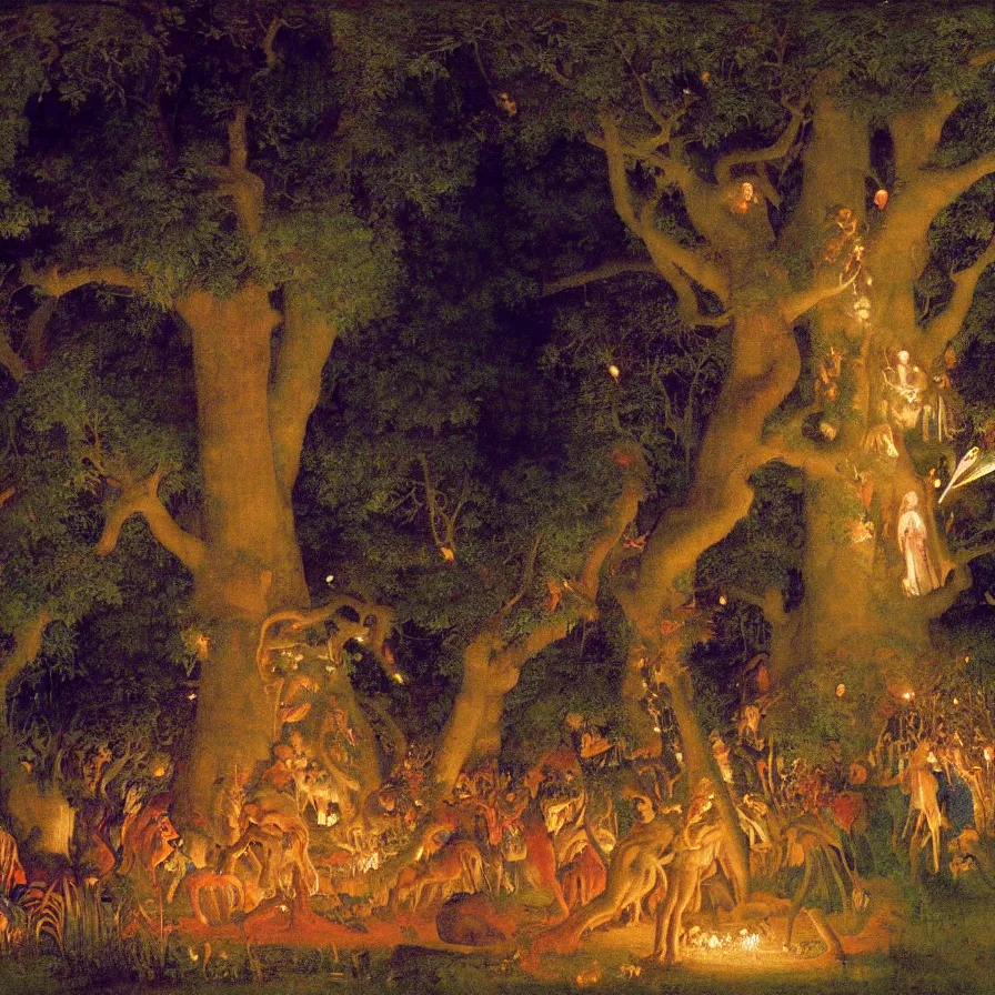 Image similar to closeup of a night carnival inside a tree cavity in a magical forest in the middle of a summer storm, with a music scenario with many fireworks and christmas lights, volumetric lightning, instense god rays in the sky, folklore people disguised with fantastic creatures in a magical forest by summer night, masterpiece painted by pierre puvis de chavannes, very coherent and contrast masterpiece,