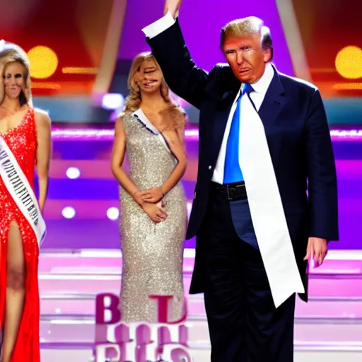 Image similar to a female version of Donald Trump winning a beauty pageant