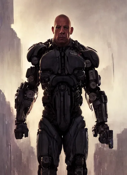 Image similar to vin diesel as victor stone, full body concept, cyborg, borg, strogg, face of a man, terminator, flesh, quake strogg, doom demon, wolfenstein, monstrous, powerful, symmetry, symmetrical, concept art by ruan jia and greg rutkowski