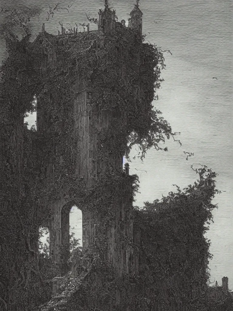 Prompt: “An engraving of a crooked, ivy-covered tower with a pointed roof by Gustave Dore”