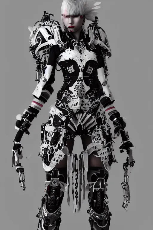 Image similar to white cyborg fashion shot, maasai punk warriors, fractal decorations, unreal engine, trending on artstation,