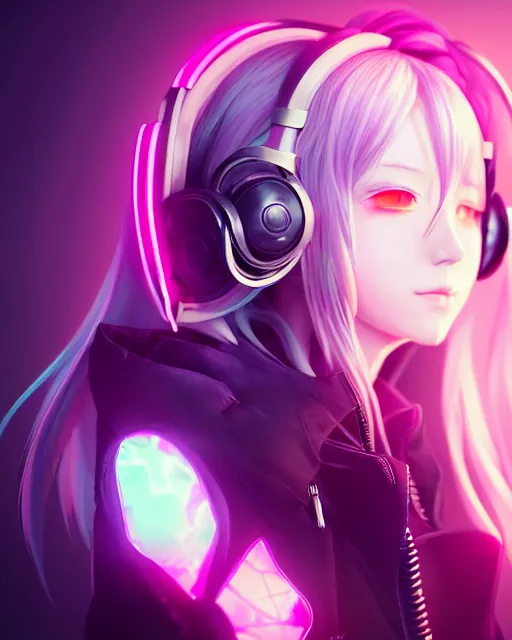 Image similar to beautiful portrait of a woman with pastel long hair with her eyes closed facing the camera centered with headphones on in the style of a code vein character, momo from twice in code vein in the style of WLOP, artgerm, yasutomo oka, rendered in unreal engine and redshift octane , background is surrounded by epic neon glitch effect digital art dynamic dramatic lighting, soft lighting, imagine fx, artstation, cgsociety, by Bandai Namco artist,