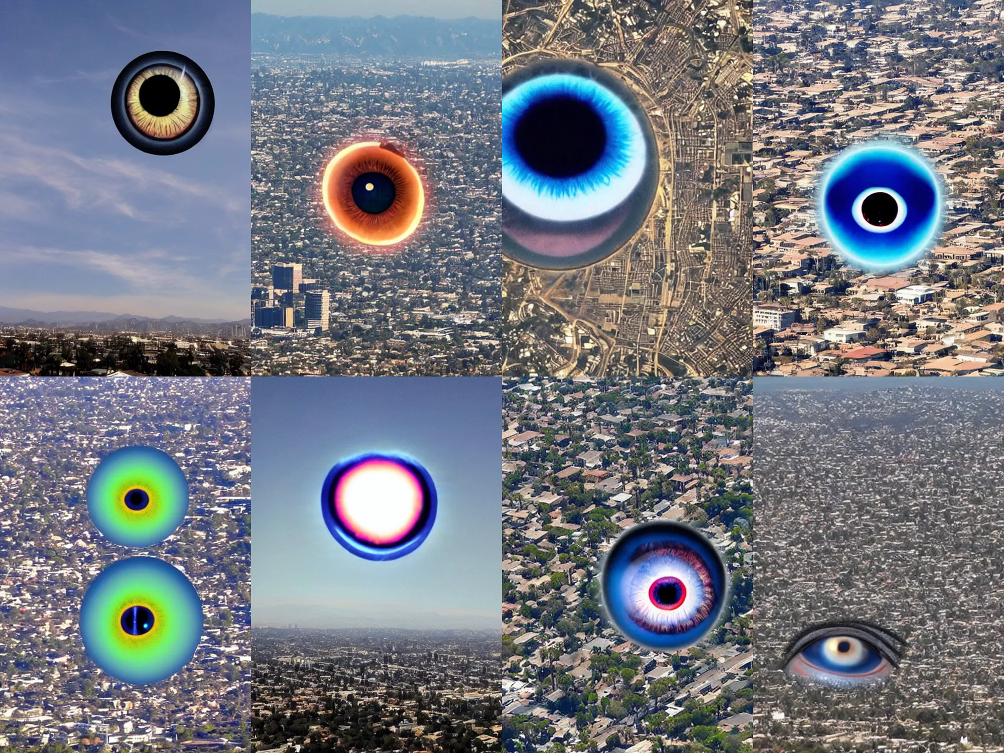 Prompt: giant eyeball!!! floating!! in the sky above southern california city