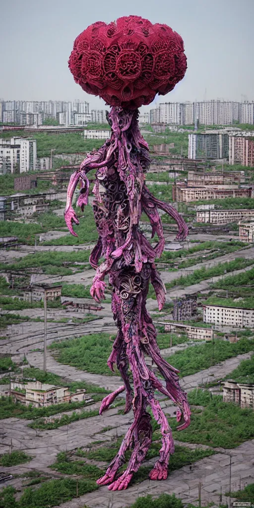 Prompt: colossal psyhedelic alien predator flower made from worst unfulfilled mankind projects in the middle of abandoned post soviet constructivist cityscape, Stalinist architecture, ultradetailed, Intricate by Niruyoshi Ohrai and Hayao Miyazaki and Josan Gonzalez