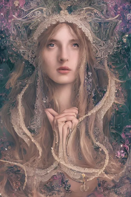 Image similar to An extremely beautiful pre-raphaelite ornate portrait of a very beautiful witch, ultradetailed, intricate, elegant, digital art painting, concept art, smooth, sharp focus, magazine art cover illustration, regal, award winning picture, extremely detailed masterpiece, sense of awe, featured on Artstation, Artgerm, ethereal bubbles, Aetherpunk, atmospheric lightning, Exquisite floral details, 8K detail post-processing