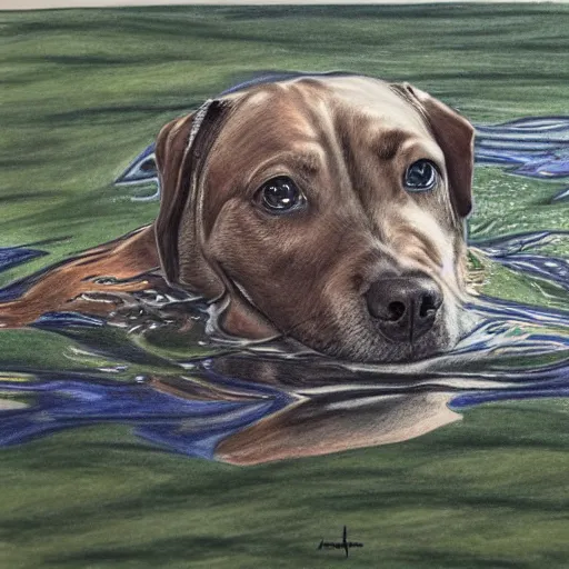 Image similar to intricate five star dog playing in the water by monica lee, colored pencil on paper, high detail, skin texture, photo realistic, hyperrealism, matte finish, high contrast, 3 d depth, masterpiece, vivid colors, artstationhd