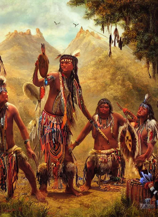 Image similar to a painting of indigenous people playing shamanic drums , matte painting, highly detailed, fantasy art