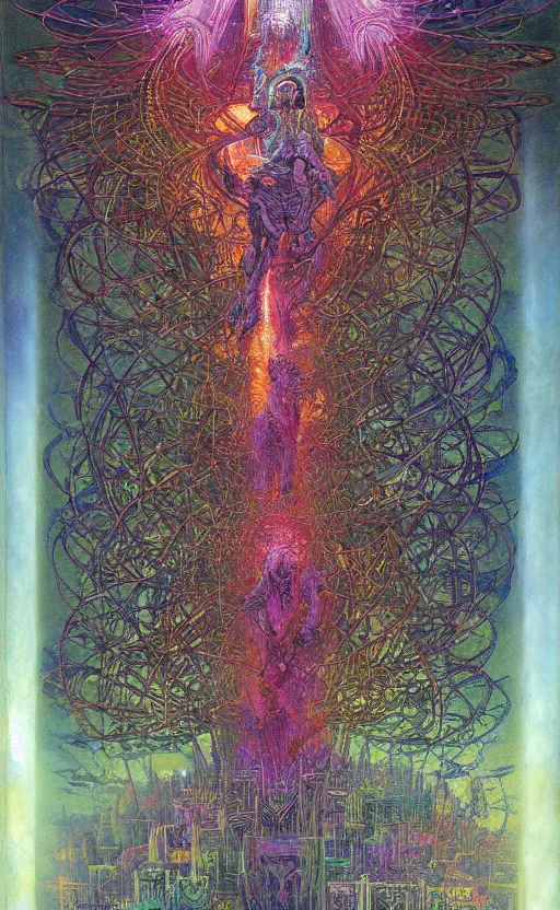 Image similar to epic omnious academic drawing of three levels of wh40k chaotic deities/gods/demiurges organized into a vertical hierarchy in vivid iridescent warp heaven by James Gurney, Zdislaw Beksinski, Alex Gray, Greg Rutkowski, Robert McCall