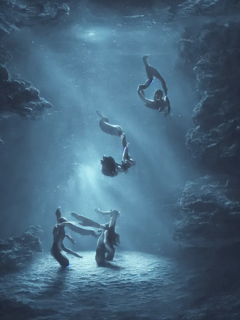 Prompt: a shakespeare stage play, under water, dark blue mist, atmospheric, set design by Michel Crête, Aerial acrobatics design by André Simard, hyperrealistic, 4K, Octane render, unreal engine, psychedelic black light style, Baraka