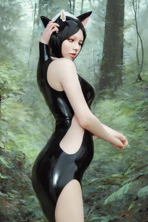 Prompt: woman with cat ears in a dress in a forest, detailed black latex dress, beautiful model girl face, white hair, by jeremy lipking, by yoshitaka amano, by artgerm, digital art, octane render, vector art, portrait painting