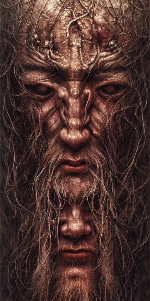 Image similar to very very beautiful portrait photo of chthonic Viking keyframe face, Perfect face, colossal scale, extremely high details, realistic, by Ayami Kojima, Beksinski, Giger