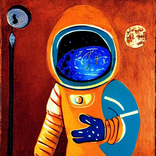 Image similar to a medieval style painting of an astronaut in space wearing an orange space suit