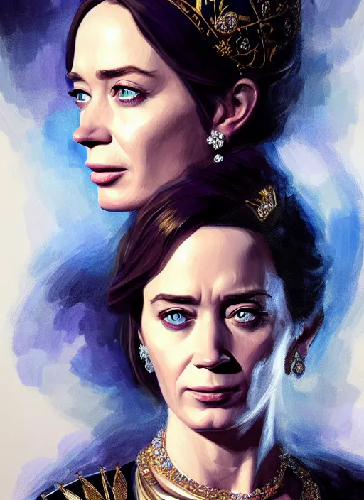 Prompt: portrait of emily blunt as queen, crying, tears, jewelry, greek, sapphire, victorian age, 1 8 9 0, intricate, headshot, key visual, conceptart, ambient lighting, highly detailed, digital painting, artstation, concept art, sharp focus, by makoto shinkai and akihiko yoshida and greg manchess