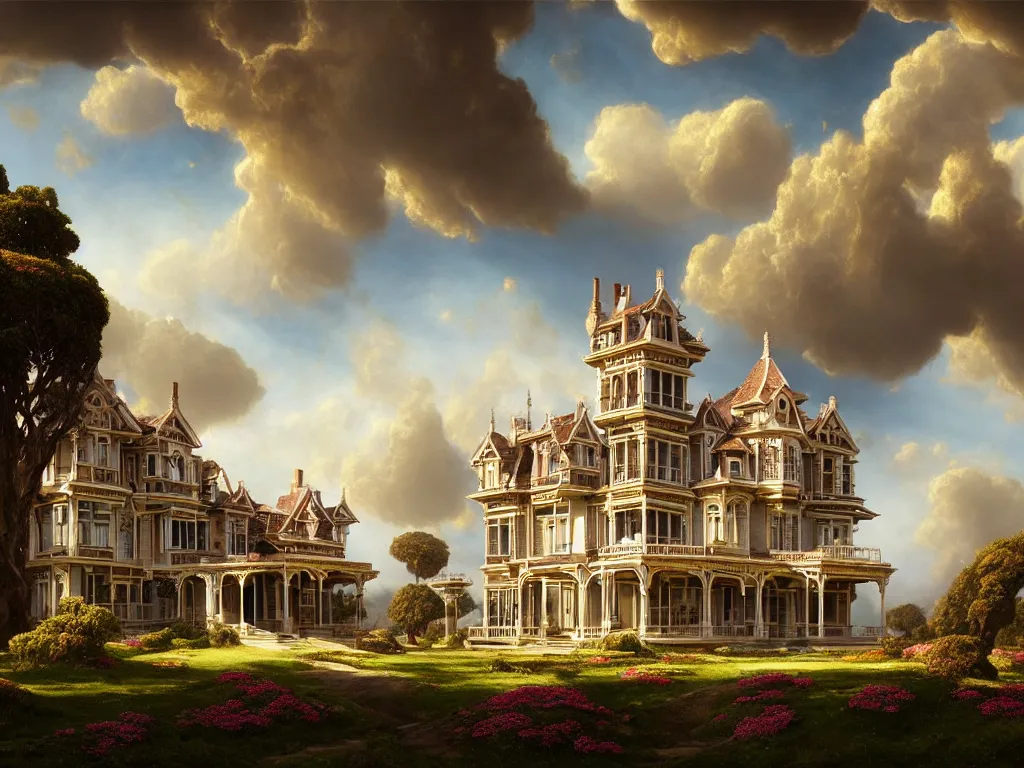 Image similar to gorgeous complex victorian mansion in a beautiful coastal landscape, sunny sky with fluffy clouds, iredescent soft glow bloom effect, dream - like, baroque portrait painting, perfect composition, beautiful detailed, intricate detailed octane render, unreal engine 5, trending on artstation, 8 k, chiaroscuro, masterpiece, raphael, caravaggio, beksinski, ghibli