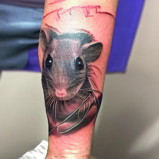 Image similar to an ultra realistic 8 k hdr photo of an award winning healed color tattoo of a rat on an old man ’ s face