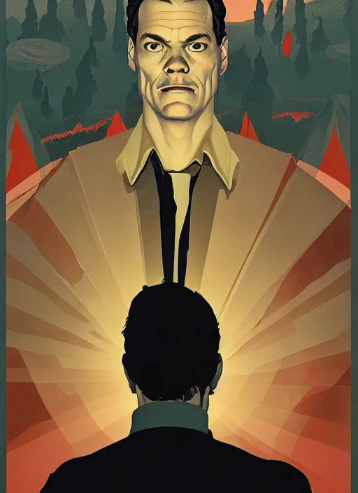 Image similar to Twin Peaks poster artwork by Michael Whelan and Tomer Hanuka, Karol Bak of portrait of Michael Shannon!! the local mechanic clerk discovering aliens, from Twin Peaks, clean, simple illustration, nostalgic, domestic, full of details