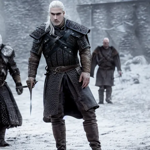 Prompt: geralt of rivia in game of thrones, henry cavil, cinema movie still