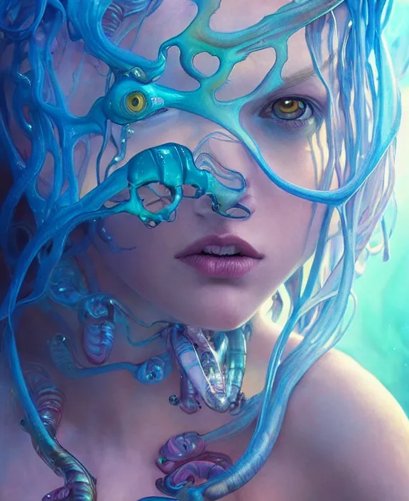 Image similar to colorful transparent portrait of a terrifying beautiful alien sea creature, mottled coloring, adorable, childlike, biopunk environment, ultra realistic, concept art, art nouveau, photorealistic, octane render, 8 k, unreal engine. art by christopher marley and artgerm and greg rutkowski and alphonse mucha