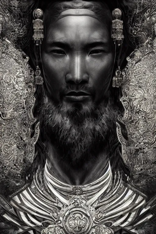 Prompt: chinese god, portrait, fierce, intricate, elegant, black and white volumetric lighting, scenery, digital painting, highly detailed, artstation, sharp focus, illustration, concept art, ruan jia, steve mccurry