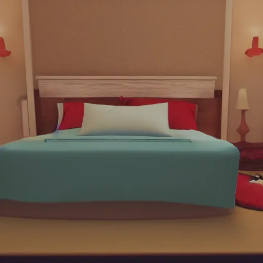 Image similar to in my bedroom my gsd puppy gets the zoomies and jumps around on the bed. the bed has a color comforter that's unmade. high energy, frenetic craziness, running, jumping, and chasing. cg animation, 3 d octane render, imax 7 0 mm, rtx,