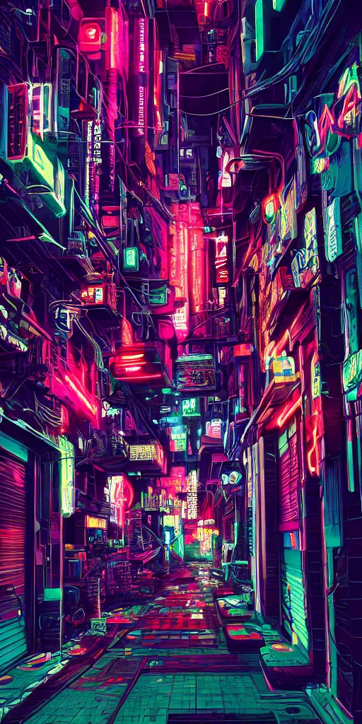 Prompt: cyberpunk alley, pop art, rtx, 8 k, ray tracing, highly detailed, neon, single person